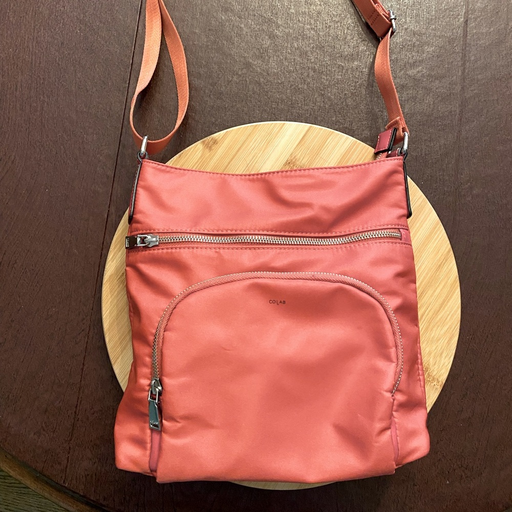 coLab coral rose nylon xbody shoulder bag, zip top, int/ext pockets 10x1…
